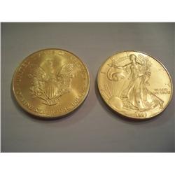 2 Gold Plated American Silver Eagles, .999 Pure Silver, 1999, 2002