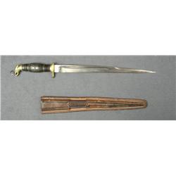 Mexican long dagger and leather sheath  approx. 16” overall with an approx. 12” blade  with blood gr