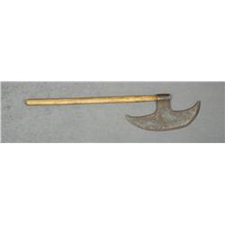 Large forged axe approx. 18” blade that is  proofed with an oak shaft approx. 34” long;  heavy dark 