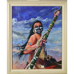 Oil painting on canvas signed “Fast 93”  approx. 24” x 19” of an Indian warrior on  horseback with w