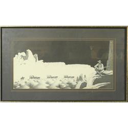 Framed and matted pen and ink drawing by  Clayton Turner of Western scene showing wagon  train cross