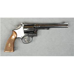 Smith & Wesson 5-screw DA revolver, .22LR  cal., 6” barrel, blue finish, checkered  medallion wood g