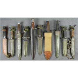 Lot of 10 knives, most U.S. military  including a fine condition bayonet and metal  scabbard for a U