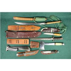 Lot of eight misc. knives including two  Kinfolks belt knives with sheaths, a huge  folder with wide