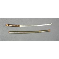 Japanese Samurai sword and military metal  scabbard, blade is signed on the tang and  shows scattere