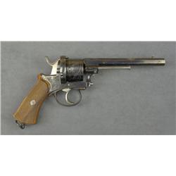 French pinfire revolver, 11mm cal., 6”  octagon barrel, blue finish, engraved frame  and cylinder, c