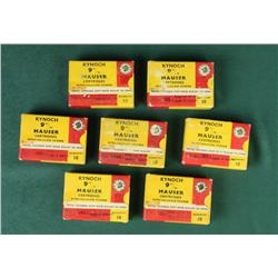Lot of 7 Kynoch 9mm Mauser cartridges (10 in  each box); all in overall very good  condition.  Est.: