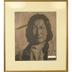 Framed and matted artist’s proof print of  Indian brave, approx. 20” x 18” by A.A.  Corbbrey in over