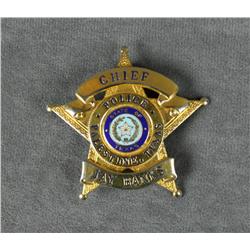 Five point star badge by Blackinton marked  Chief Jay Banks, Police, Palestine, Texas in  overall ex