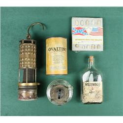 Lot of misc. collectibles including an  antique miner’s lamp, a glass and brass  kerosene lamp, an o