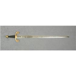 Modern copy of a medieval broadsword in  overall good condition showing etching  decoration on both 