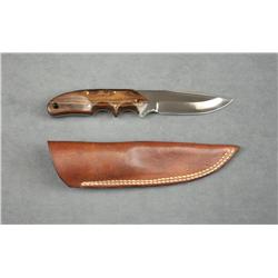 Custom made knife with leather belt sheath by  Nolen of Pottsboro, Texas, approx. 8-1/2”  overall wi