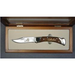 Custom limited edition Cabela’s folding knife  with wood and glass display case by Buck  Knives 229 
