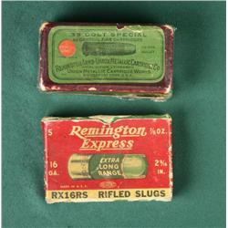 Partial box of Remington/UMC.38 Colt Special  cartridges with green label and maroon  background in 