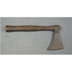 Small iron hand axe with wood handle; axe is  approx. 6” overall with an approx. 4” width  of blade 