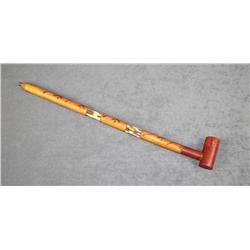 NativeAmerican decorated wood peace pipe  approx. 26” overall with carvings, porcupine  quill sectio