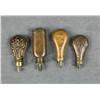 Image 1 : Lot of four pocket model sized brass powder  flasks including two embossed, one plain and  one with 