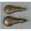 Image 1 : Lot of two brass shotgun flasks, approx. 8”  in length each, one embossed with florals and  pheasant