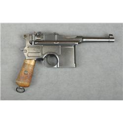 Broomhandle Mauser semi-auto pistol, 7.65mm  cal., 4” barrel, military blue finish,  grooved wood gr