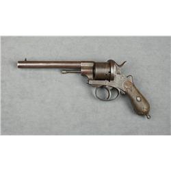 Belt-sized Le Faucheux DA pinfire antique  revolver, 9mm cal., 6-1/8” barrel, brown  patina, engrave