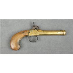 Belgian-proofed percussion brass cannon  barrel single shot pistol, .52 cal., 5”  barrel, wood grip,