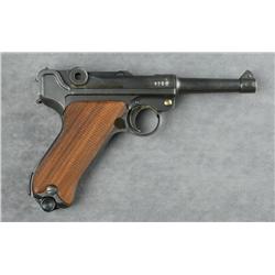 German Luger by DWM semi-auto pistol, import  marked, 9mm cal., 4” barrel, mat black  finish, checke