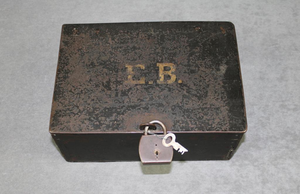 Antique iron strong box approx. 12” x 8” x 5” with an old lock and key