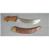 Image 1 : Massive unmarked curved blade knife and  leather sheath with brass throat and tip,  approx. 24” over