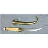 Image 1 : Mid-eastern style curved belt knife, approx.  16” overall with plain blade, bone grip and  hammered 