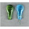 Image 1 : Two hand-blown glass powder flasks including  a green flask approx. 6” overall with game  scenes on 