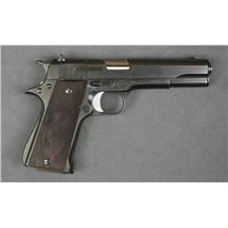 Star Super Model semi-auto pistol, 9mm cal.,  5” barrel, black finish, import marked,  checkered woo