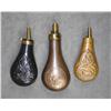 Image 1 : Lot of brass powder flasks including three  antique flasks, each with embossed game and  hunting sce