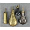Image 1 : Lot of three reproduction brass powder flasks  including two embossed, one for a pocket  model sized