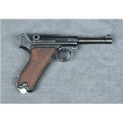 German Luger semi-auto pistol, 9mm cal., 4”  barrel, nazi proofed, re-blued finish,  checkered wood