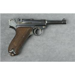 German Luger semi-auto pistol, by DWM, 7.65mm  cal., 4” barrel, military re-blue, wood  grips, #3093