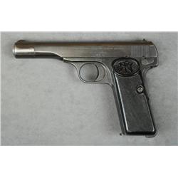 FN semi-auto pistol, 7.65 cal., 4-1/4”  barrel, black finish, checkered plastic  grips, #38638. This