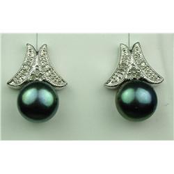 Brilliant 10 karat white gold ladies custom  design earrings set with two round black  Pearls averag