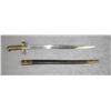 Image 1 : European bayonet and leather scabbard approx.  25-1/2” overall with a brass grip and cross  guard, u