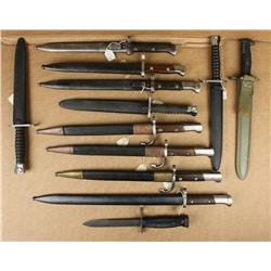 Lot of twelve misc. military bayonet, all but  one with sheaths, many European, several  U.S. and mo