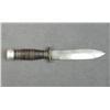 Image 1 : Military style older knife approx. 10”  overall with an approx. 6” blade, stacked  leather disc grip