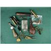 Image 1 : Misc. lot of reloading equipment and powder  flasks including decappers; cleaning rod  parts; leathe