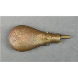 Old reproduction of a Stand of Flags brass  powder flask approx. 10” overall with charger  and spout