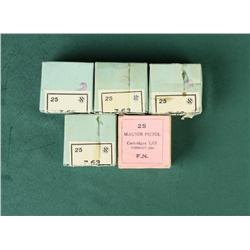 Lot of five boxes of collector’s 7.63mm  caliber ammo for Mauser pistols; four with  green box and w