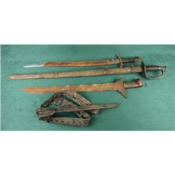 Lot of four misc. blades for the restorer  including a European bayonet scabbard, frog  and belt; a 