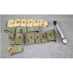 Lot of U.S. military web gear from WW I, WW  II and Korea; also a metal scope for looking  out of a 