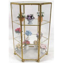 SMALL GLASS DISPLAY CASE W/ MINIATURE PORCELAIN FLOWERS
