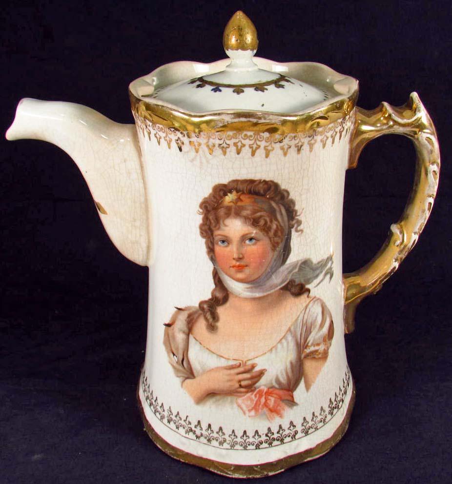 ANTIQUE / VICTORIAN ERA CHOCOLATE POT W/ LID AND BEAUTIFUL LADIES ON BOTH SIDES