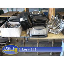 FAX MACHINE, CHAIR BACKS, 2 TABLES, & PHONE SYSTEM (X1)
