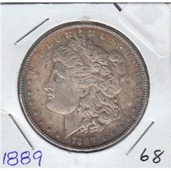 $1 SILVER MORGAN 1889 BEAUTIFUL BLUE/GREEN TONE AU+