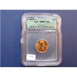 1953 D  WHEAT CENT ICG MS RED 67